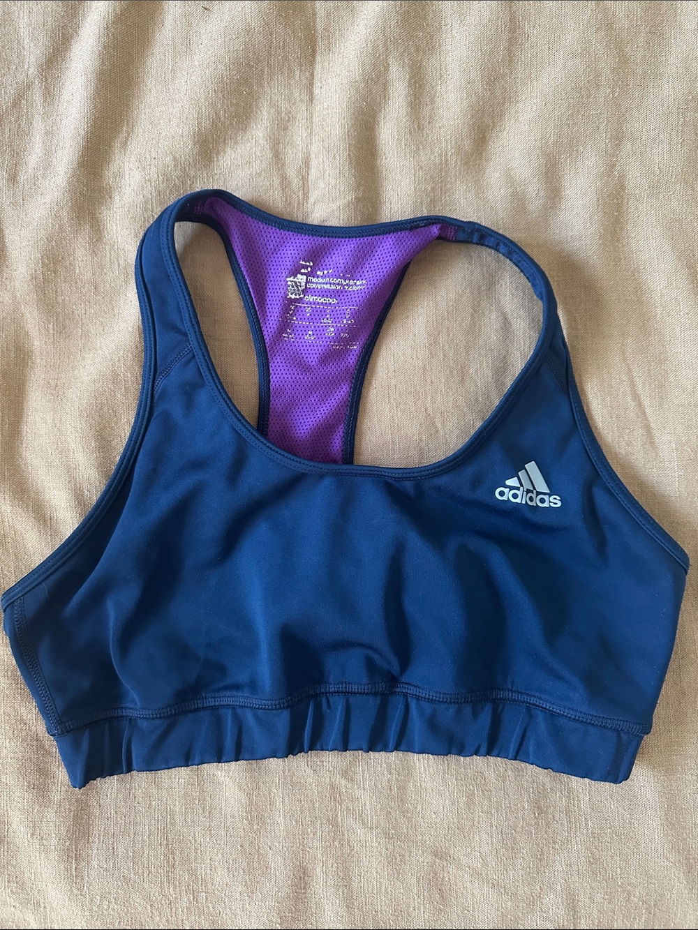 adidas Navy Blue Racerback Sports Bra with Purple Lining